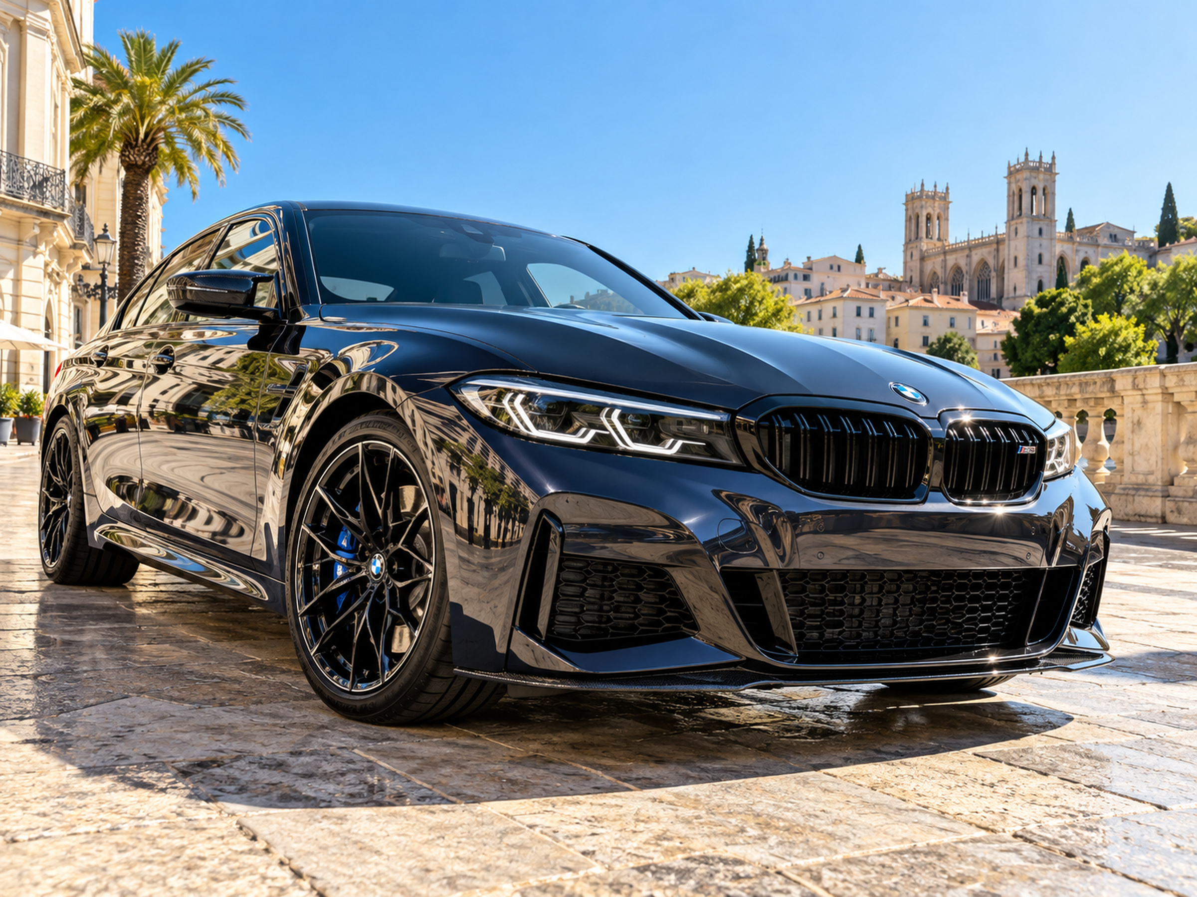Voiture sportive propre sous le soleil de Montpellier, jantes brillantes